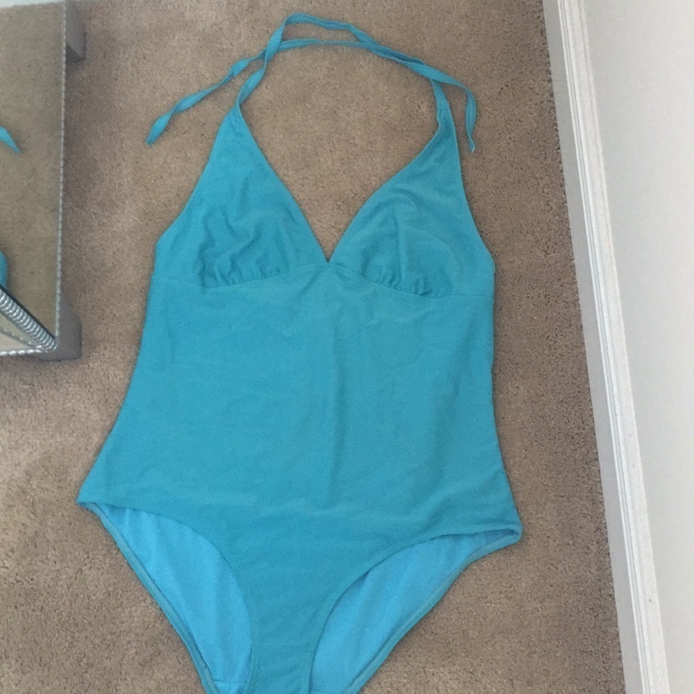 Blue one piece swimsuit.